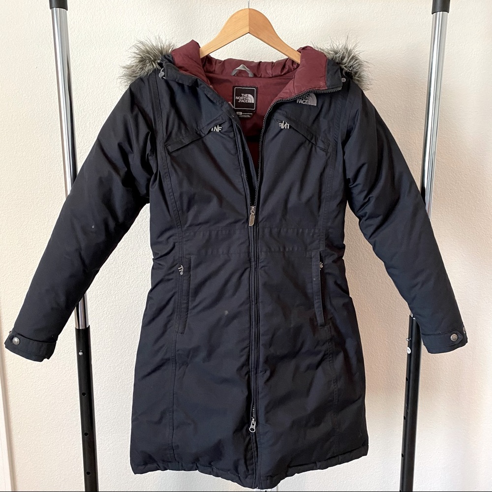 THE NORTH FACE BLACK FUR HOOD LONG PUFFER JACKET S